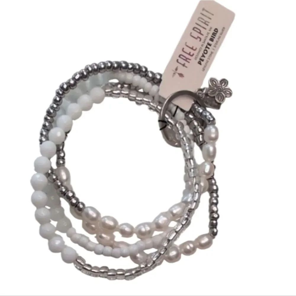 NWT Peyote Bird Santa Fe Pearl 925 Silver Multistrand White Beaded Bracelet